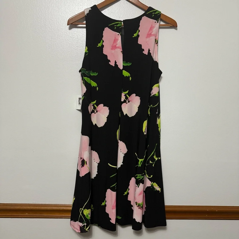 Anne Klein Sleeveless A-Line Floral Dress Women’s 8 NWT Flowy Chic Peony Black